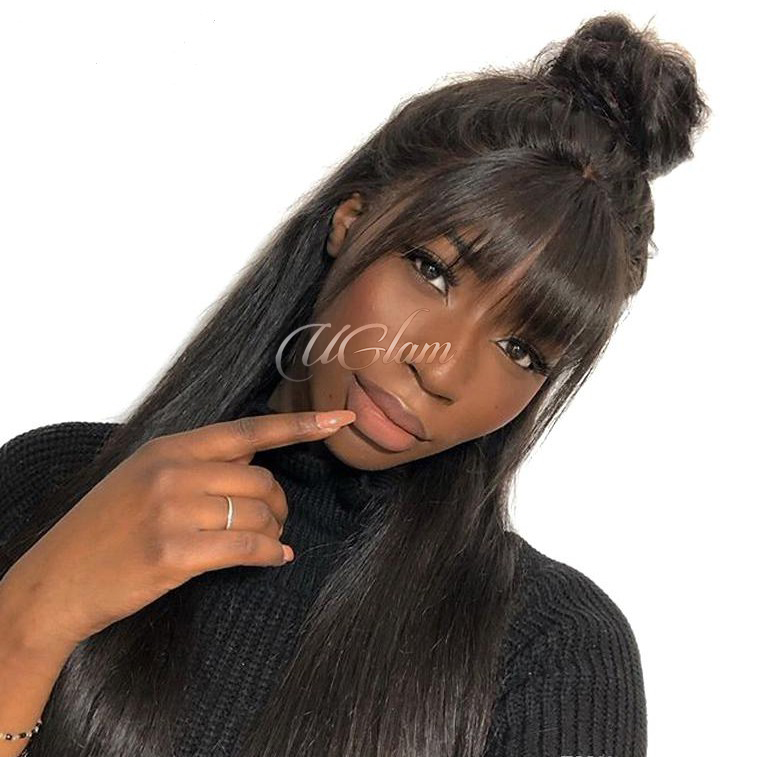 Uglam Transparent Lace Front Wigs Straight With Bangs 180% Density